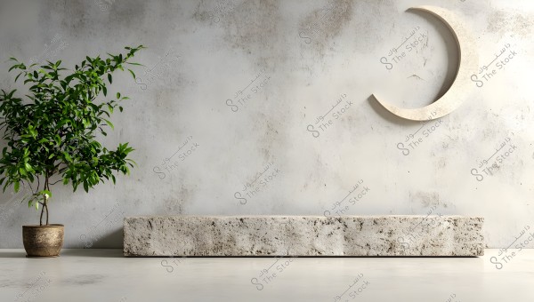 An image of a concrete wall with a rough texture and a pale gray color. A white stone crescent is mounted on the wall at the upper right corner of the image. On the left side of the image, there is a green plant potted in an earthy brown pot. The floor is a light gray color with a smooth surface.