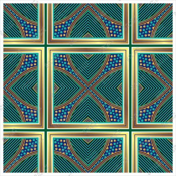 صورة لنمط زخرفي هندسي ملون بألوان زرقاء وخضراء وخطوط متقاطعة ونقاط دائرية.