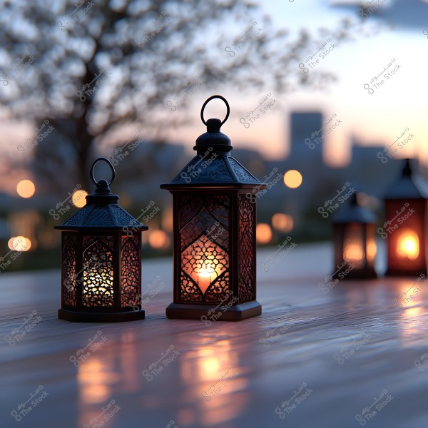 Two ornate metal lanterns placed on an outdoor wooden table during sunset. The lanterns are lit with candles, casting warm orange reflections on the wooden surface, with faint lights and blurred trees visible in the background.