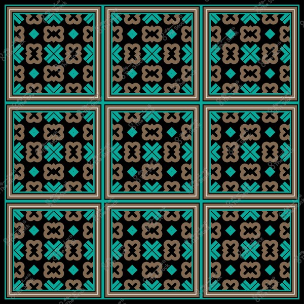 نمط زخرفي مكون من تسعة مربعات مع تصاميم هندسية بألوان الأسود, الأزرق الفيروزي, والبني.