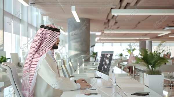 Image of a man wearing a white thobe and red and white checkered ghutra with a black agal, working on a computer in a modern and bright office. The office has a contemporary design with large windows and green plants. The man appears to be from the Arabian Gulf region.