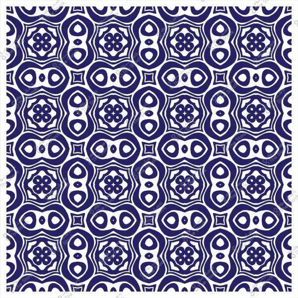 Geometric pattern featuring circular and floral shapes in shades of dark blue and white.