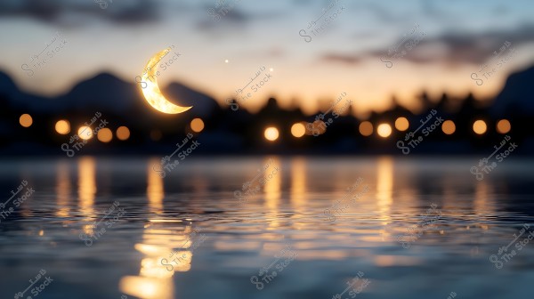 An image depicting a glowing crescent moon reflecting on a calm water surface at sunset. The background features a blurred mountain range and bokeh lights, adding a magical touch to the scene.