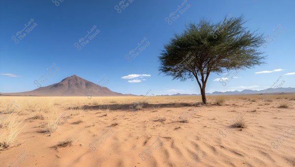 The image shows a desert landscape with a single acacia tree on the right side. The sandy desert stretches with sparse vegetation, and a mountain range in the background, including a prominent mountain under a clear blue sky with a few white clouds.