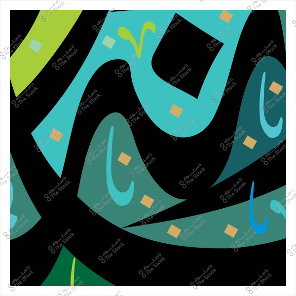 لوحة فنية تجريدية بألوان زرقاء وخضراء وسوداء مع أشكال هندسية متنوعة.