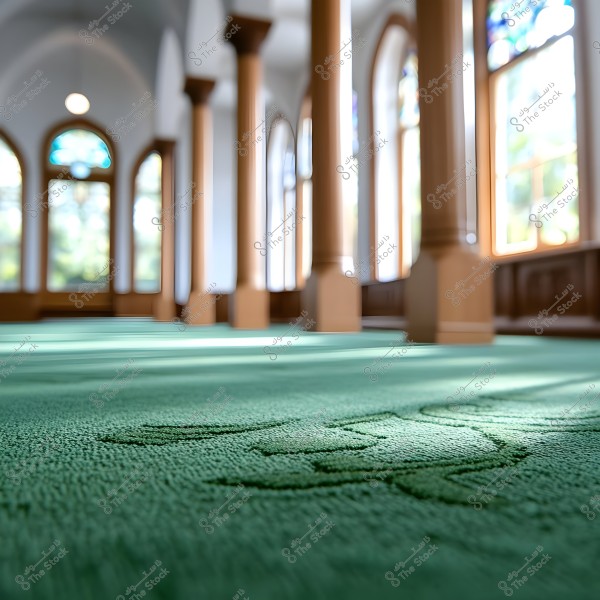 An image of an interior scene of a mosque, showcasing a green decorative carpet prominently in the foreground, spanning across the floor. The background features wooden columns extending along a large hall with arched windows that let in natural light, creating a serene and peaceful atmosphere in the space.