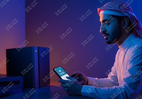 Image shows a man sitting in a room illuminated with soft blue and orange lights, wearing a white thobe and a red and white ghutra. The man appears to be using a smartphone and a controller, interacting with a device that looks like a gaming console. The smartphone screen displays an app used for gaming control.