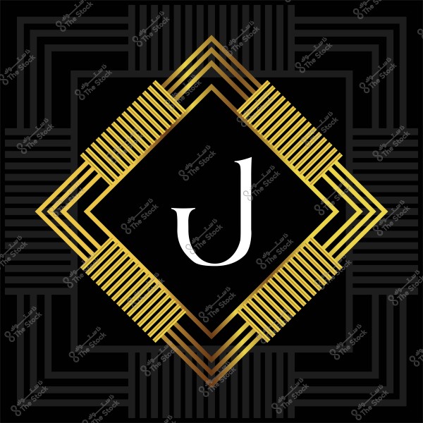 A square design with gold and black colors, featuring the letter \"J\" in white at the center. The outer frame contains geometric patterns with intersecting lines.