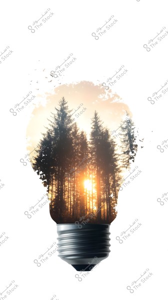 An artistic image featuring a light bulb with a double exposure effect of a forest with tall trees, with the sun shining through them. The forest appears as if inside the glass shell of the bulb. The background is white, highlighting the contrast between the bulb and the forest.
