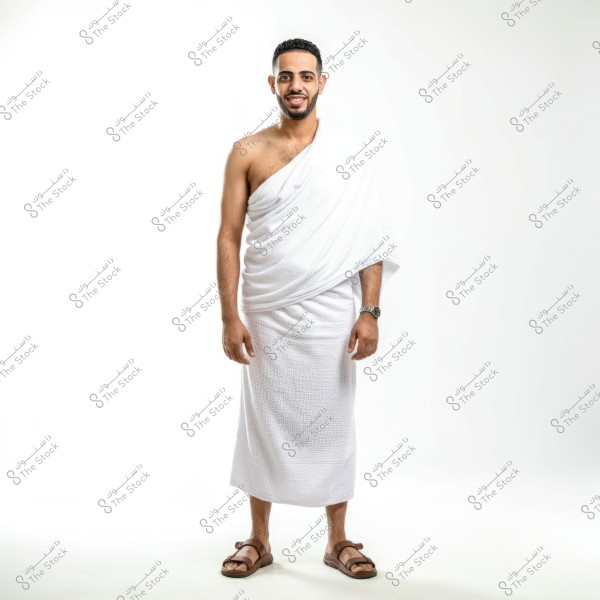 Image of a man wearing a white ihram, consisting of two pieces of cloth, one draped over the shoulder and the other covering the lower body. He is wearing brown sandals and a wristwatch, and is smiling against a white background.