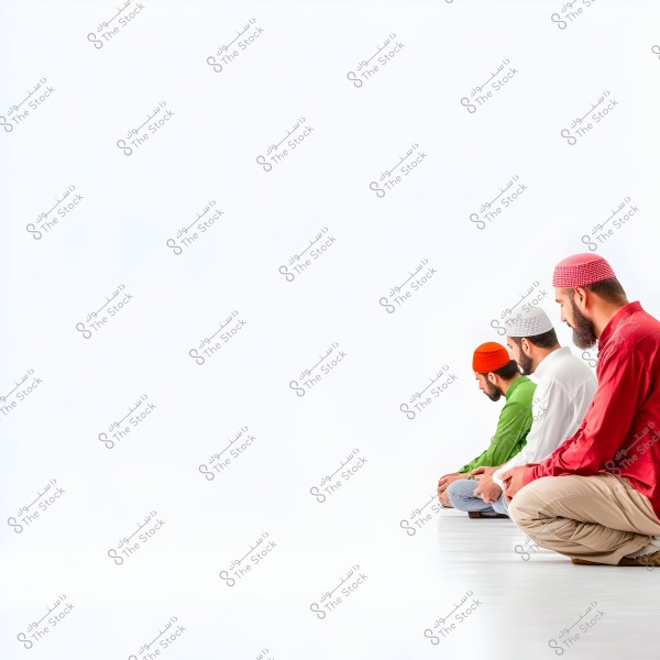 Three men sit in a row for prayer, wearing colorful head coverings. They wear traditional clothing, including long shirts of different colors and headwear. The background is white and simple, emphasizing the central scene of prayer.