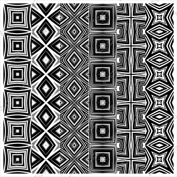 أنماط هندسية باللونين الأسود والأبيض بأشكال مربعة ومعينة متكررة في خمسة صفوف.