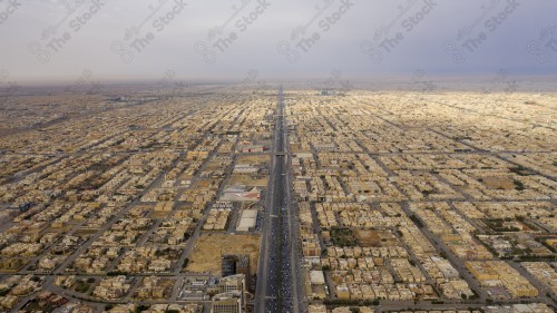 An aerial view of the capital, Riyadh, showing cloudy sky during the day, the towers in the city of Riyadh