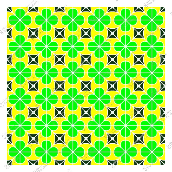 A geometric pattern in green and yellow with a grid of small squares featuring repeating floral motifs.