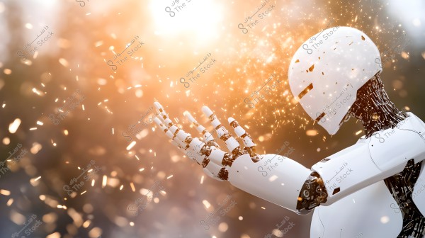 Image of a white robot with a modern design, standing with its hands raised as if holding glowing particles. The sparkling particles surrounding it illuminate the background in shades of orange and gold, creating a magical appearance.