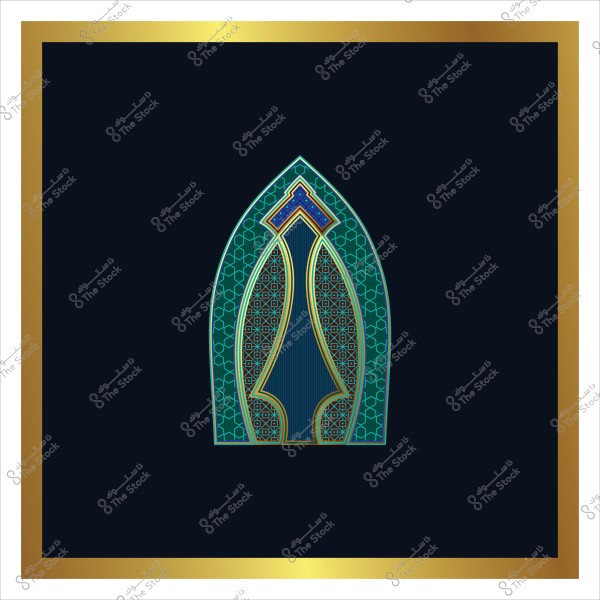 تصميم زخرفي إسلامي باللونين الأزرق والأخضر مع تفاصيل ذهبية, بإطار ذهبي على خلفية سوداء.