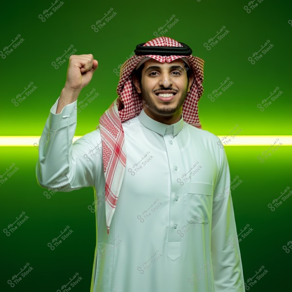 A portrait of a man standing against a green background. He is wearing a red and white keffiyeh, a black agal, and a traditional white Saudi thobe. The man is smiling and holding his fist in a gesture of strength or victory.