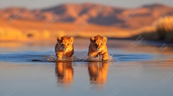 Two lion cubs walking through water with droplets splashing around them. The background features a blurred mountain scene with either sunrise or sunset, casting a warm golden glow over the image.