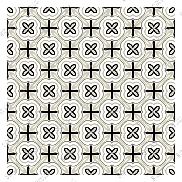 نمط زخرفي متماثل بأشكال نباتية وزهور بألوان الأسود والأخضر والبيج.