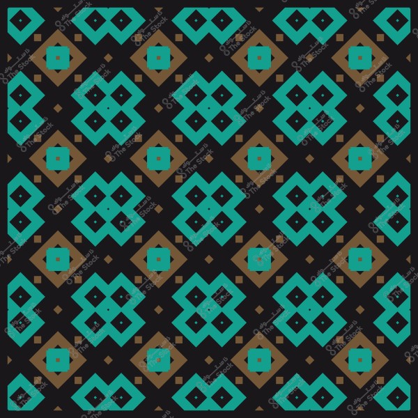 نمط هندسي بأشكال ماسية وزهرية بألوان فيروزي وبني على خلفية سوداء