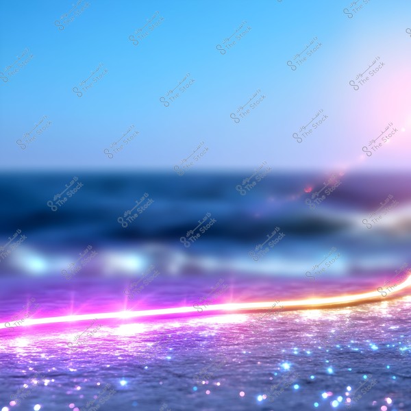 An image of a sea scene under a clear blue sky. Colorful light trails illuminate above the waves, adding a magical and vibrant atmosphere to the water.
