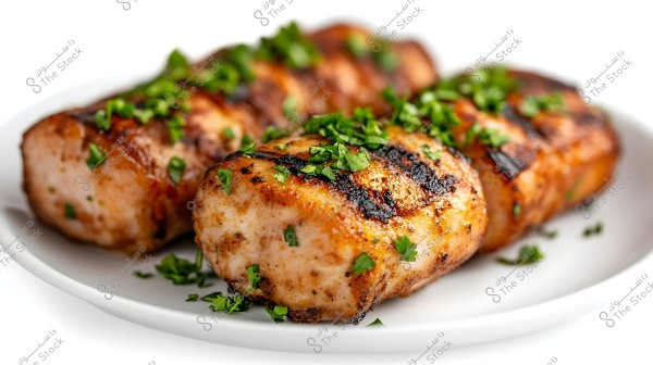 An image showing grilled chicken pieces on a white plate. The pieces are seasoned and garnished with finely chopped green cilantro leaves. The grilling gives a golden color with dark grill marks.