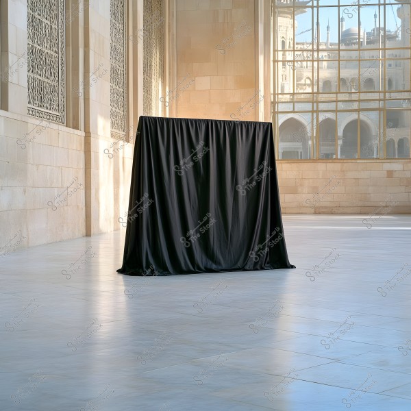 An image showing a room with a glossy marble floor and walls adorned with intricate patterns. In the center of the room, there is an object covered with a black cloth, appearing simple and symmetrical in design. Through the large window in the background, there is a view of traditional buildings outside.
