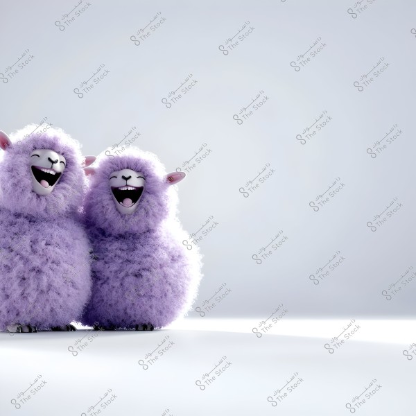 Image depicts two cartoonish sheep with purple wool, both laughing heartily, standing side by side against a bright white background. Their facial expressions convey joy and playfulness.