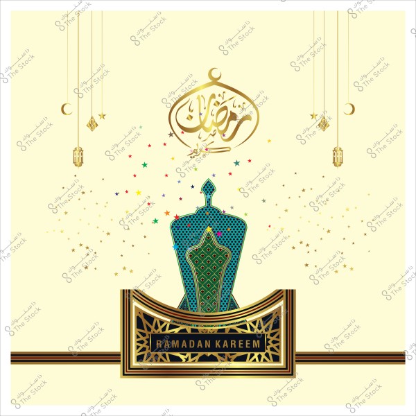 تصميم زخرفي لشهر رمضان مع فانوس وهلال وعبارة "رمضان كريم" باللغتين العربية والإنجليزية.