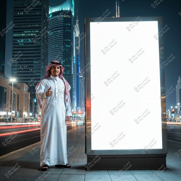 An image of a man wearing a white thobe and red checkered shemagh standing next to a brightly lit billboard in an urban area at night. Tall, modern buildings with neon lights are visible in the background, adding a contemporary touch to the scene.