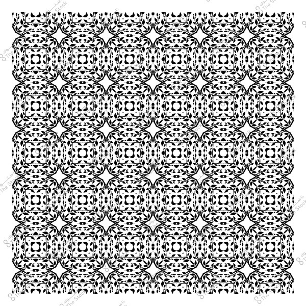 A repeating geometric pattern in black and white consisting of circular shapes and interlocking squares.
