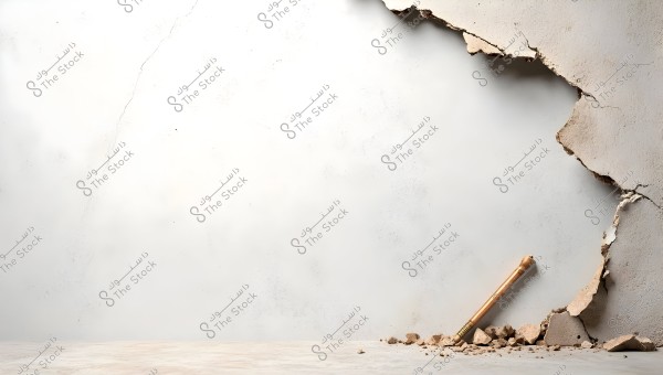 A cracked concrete wall with visible holes and fractures, with fragmented and broken pieces in the right corner. On the floor below, there is a wooden stick with metal ends placed among the rubble.
