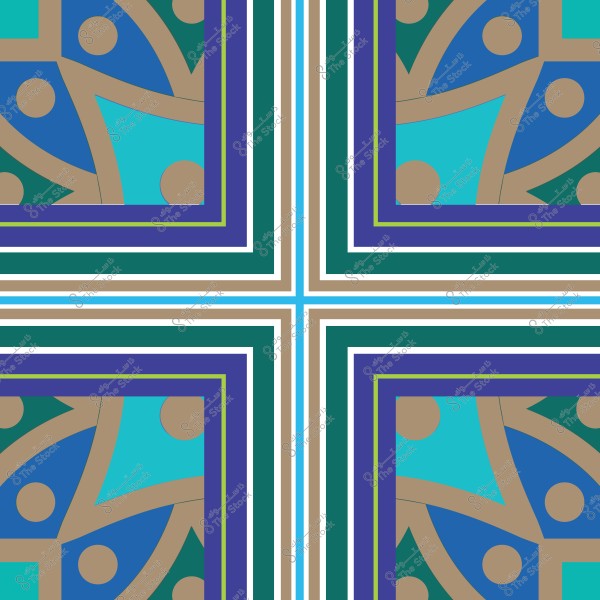 نمط هندسي ملون يحتوي على أشكال دائرية وزوايا مربعة بتدرجات ألوان الأزرق والأخضر والبيج.