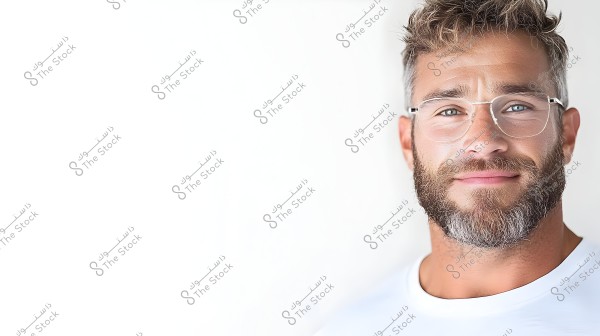Image of a man wearing metal-framed glasses with a well-groomed beard and curly brown hair. He is dressed in a simple white shirt, with a neutral white background. The image features the man in a half-facing pose with a slight smile.