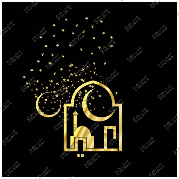 تصميم ذهبي لمسجد وهلال مع نجوم على خلفية سوداء.