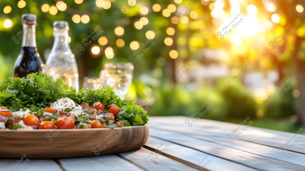 The image shows a large wooden bowl filled with a fresh green salad, cherry tomatoes, and pieces of cheese. In the background, there are two bottles, one containing a dark brown liquid and the other with water, along with a glass of water on a wooden outdoor table. The background features radiant sunlight with trees and plants, creating a warm and relaxing atmosphere with a bokeh effect.