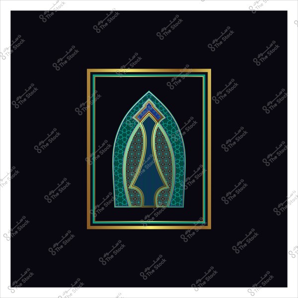 تصميم زخرفي هندسي بألوان زرقاء وخضراء وذهبية في إطار مستطيل على خلفية سوداء.