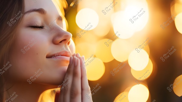 A close-up image of a woman gently closing her eyes and slightly smiling, with her hands clasped together in a peaceful and contemplative expression. The background features golden bokeh lights creating a warm and bright atmosphere.