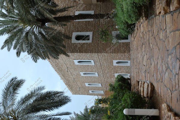 A traditional stone building is depicted with rectangular windows featuring white frames. The pathway in front of the building is paved with brown stones, surrounded by palm trees and green plants. The sky is clear blue, indicating a sunny day.