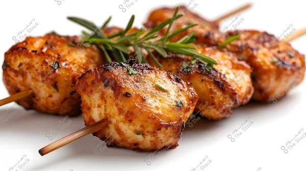 Image of four pieces of grilled chicken on skewers, garnished with green rosemary sprigs. The pieces are well-grilled with a golden-brown color, displaying some green herbs on the surface, suggesting a flavorful taste. They are presented on a white plate.