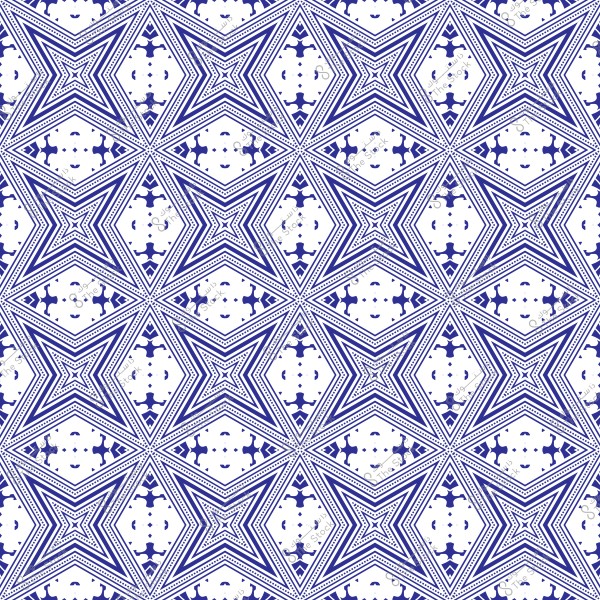 نمط هندسي متكرر يتكون من أشكال نجمية زرقاء متداخلة على خلفية بيضاء. يحتوي التصميم على خطوط دقيقة وتفاصيل معقدة تضيف إلى النمط إحساساً بالأبعاد والتعقيد. الأشكال متناسقة لخلق تأثير بصري مبهج.
