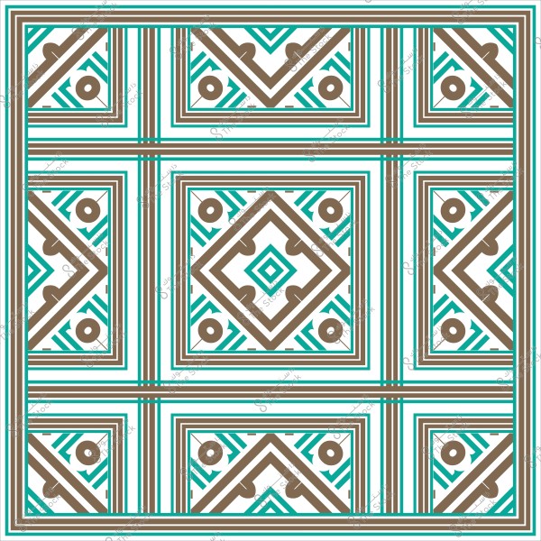 نمط هندسي بزخارف متقاطعة باللون البني والأزرق الفيروزي على خلفية بيضاء.