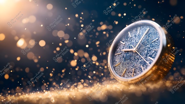 An image of a watch with a modern design, featuring a face with intricate patterns resembling electronic circuits. The watch is surrounded by shimmering light effects that appear like golden particles dispersed across the dark background, adding a touch of elegance and modernity to the image.