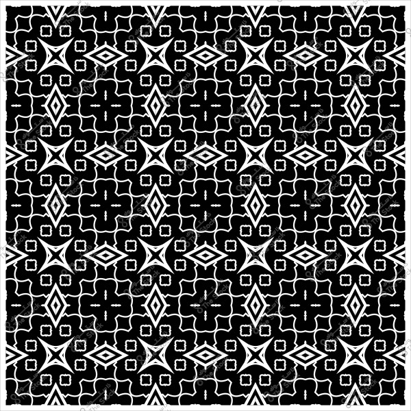 نمط زخرفي أسود وأبيض يحتوي على أشكال هندسية متكررة بتصميم متناظر.