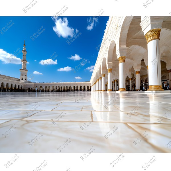 Image of an outdoor courtyard of a large mosque, featuring a glossy marble floor and white columns adorned with golden tops. In the background, a tall minaret and arched roofing along the walls are visible. The sky is clear blue with a few scattered white clouds.