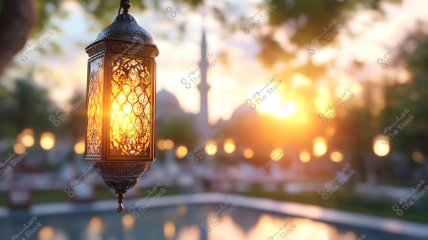 A traditional ornamental lantern hanging in the air, glowing with the light of the setting sun. In the background, the silhouette of a mosque and dome appear in a blurred scene with warm tones. The overall atmosphere suggests peace and tranquility.
