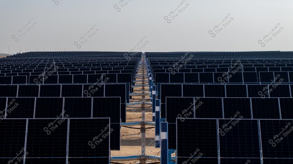 An image of a vast solar panel field extending to the horizon under a bright sky. The panels are arranged in orderly rows on sandy ground, reflecting light slightly. This setup could be part of a solar power generation station in a desert region.