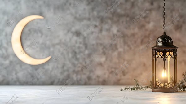 The image features a traditional lantern with decorative design, lit and placed on a light gray flat surface. The lantern has an Eastern style and is accompanied by a glowing crescent on the background wall, which has a muted and textured appearance. There are some green branches placed next to the lantern.