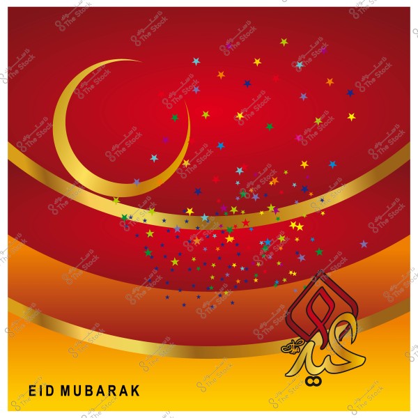 Eid Mubarak design with red and gold colors featuring a crescent and decorative stars.