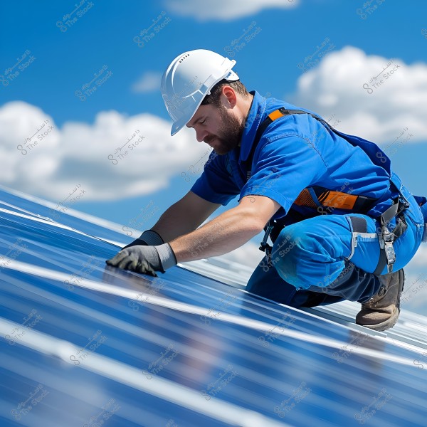 An engineer wearing blue clothing and a white helmet works on installing solar panels under a blue sky with white clouds. He holds the panels with black-gloved hands, his knees resting on the surface.